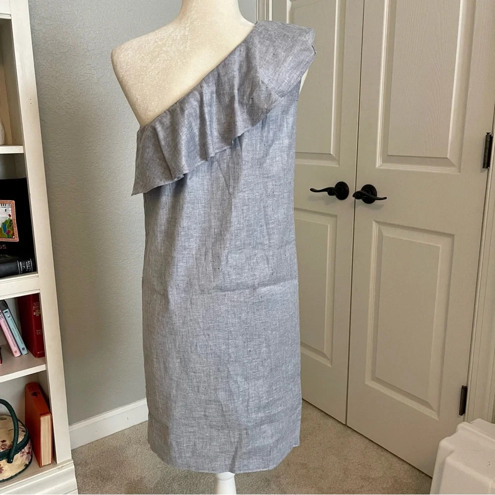 Theory Alexanda One Shoulder Ruffle Dress Light Denim Chambray Sz 8 - Picture 4 of 8
